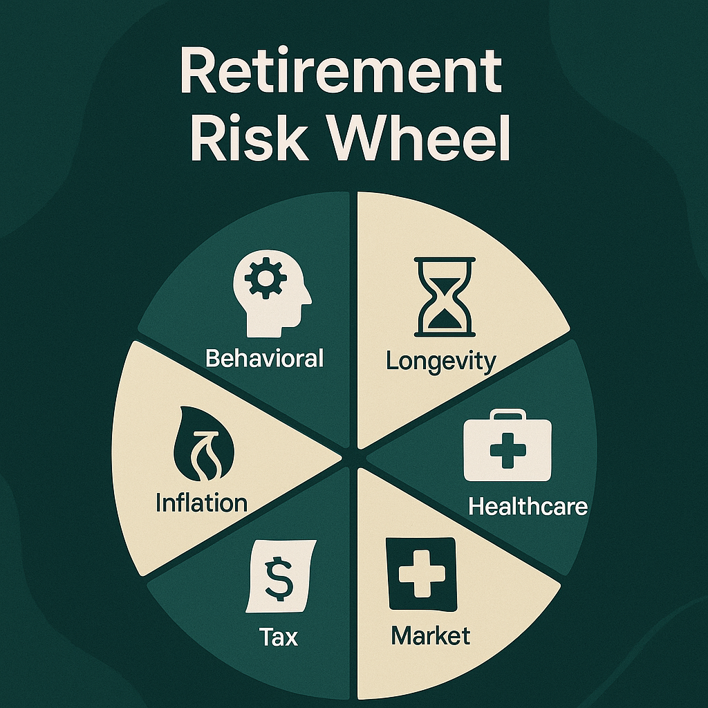 Retirement Risk Wheel showing behavioral, longevity, inflation, healthcare, market, and tax risks